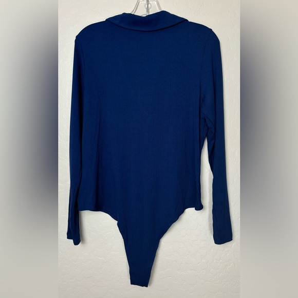 NEW VIOLETS & ROSES COLLARED BUTTON V-NECK BODYSUIT CAREER BLOUSE 1X BLUE 0628 - Picture 3 of 8